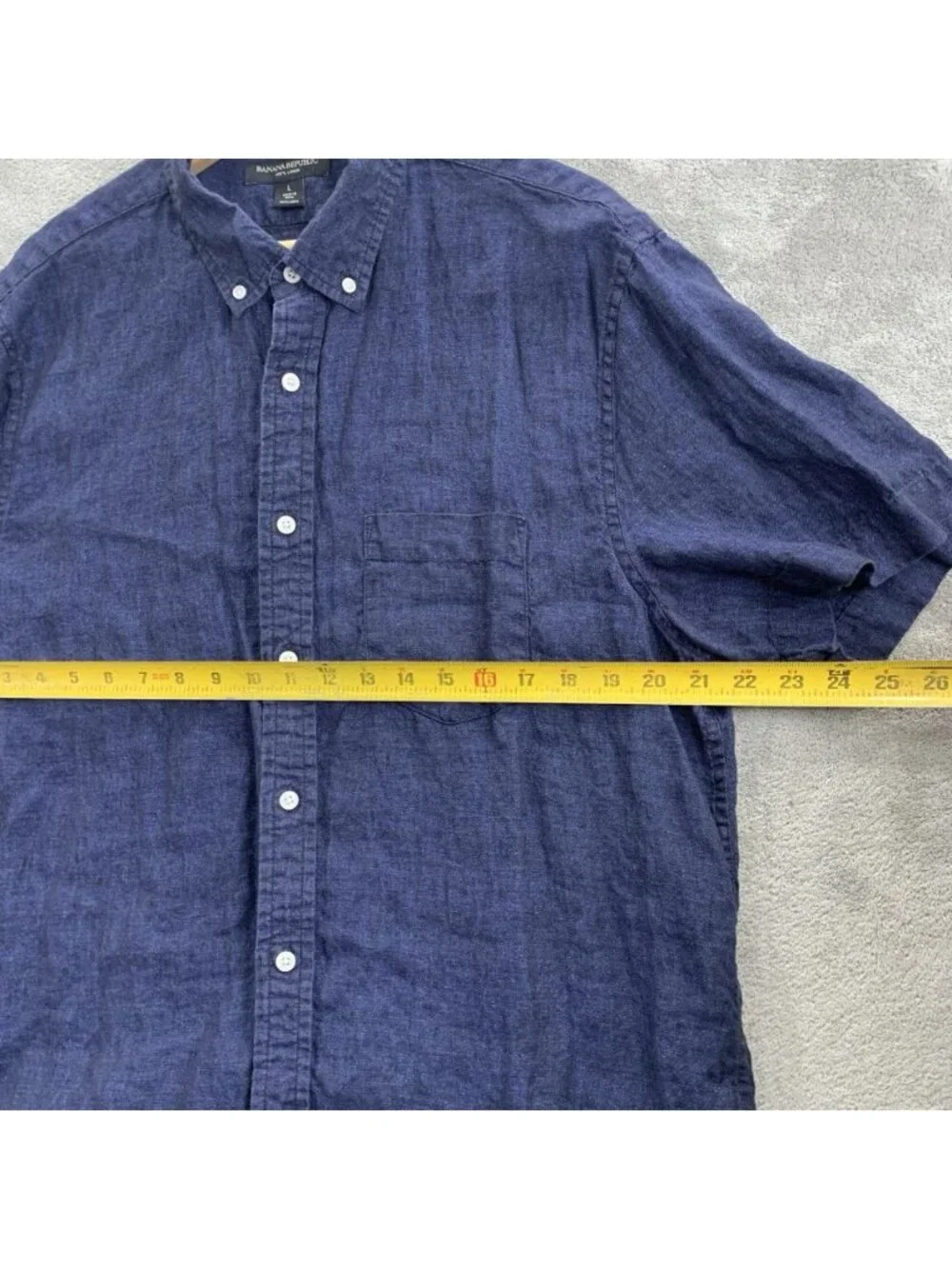 Banana Republic 100% Linen Button Down Shirt Mens L Blue Chambray Short Sleeve